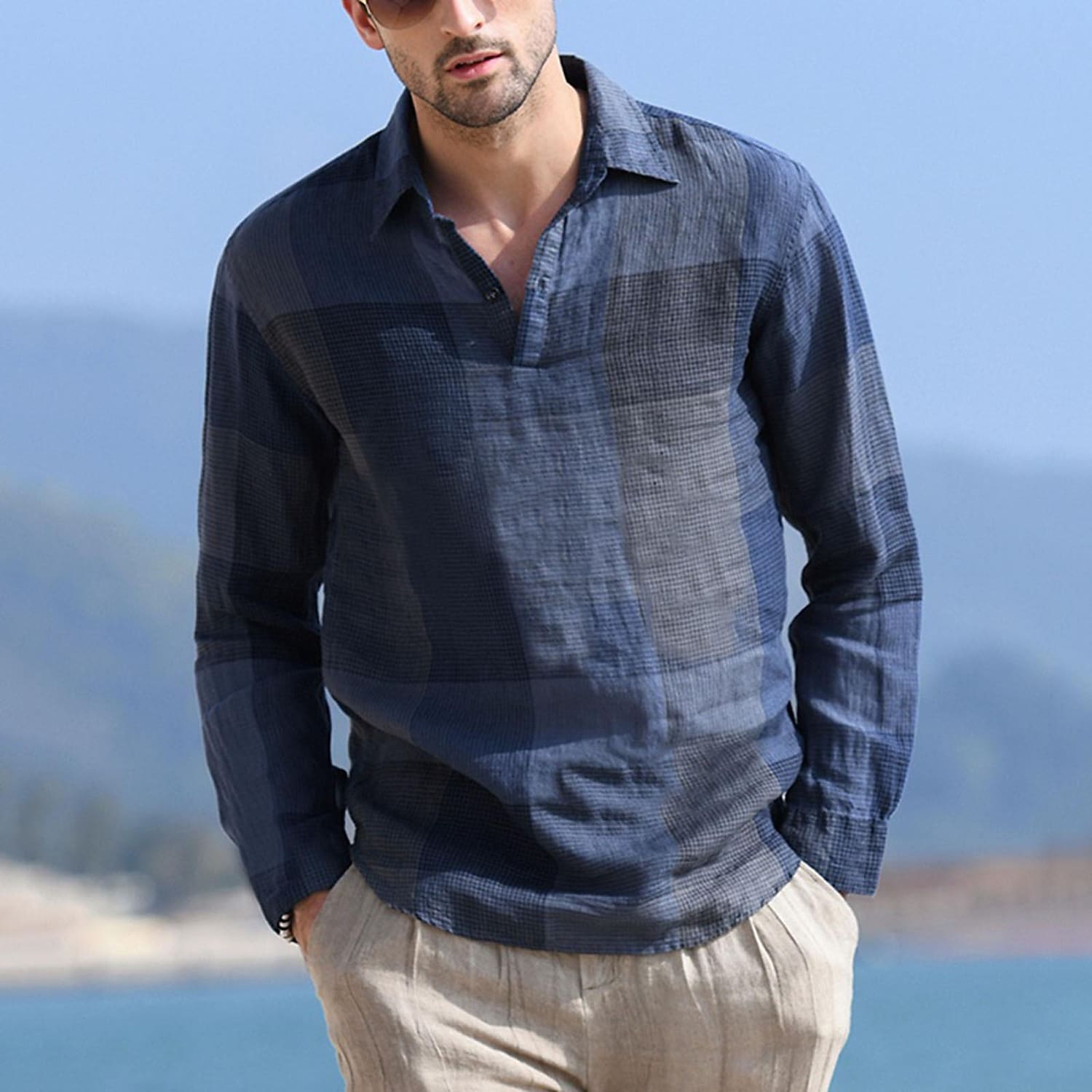 Men's Plaid Cotton Blend Casual Henry Shirt