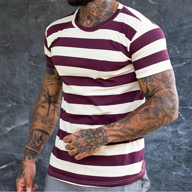Men's Striped Round Neck Street Casual T shirt