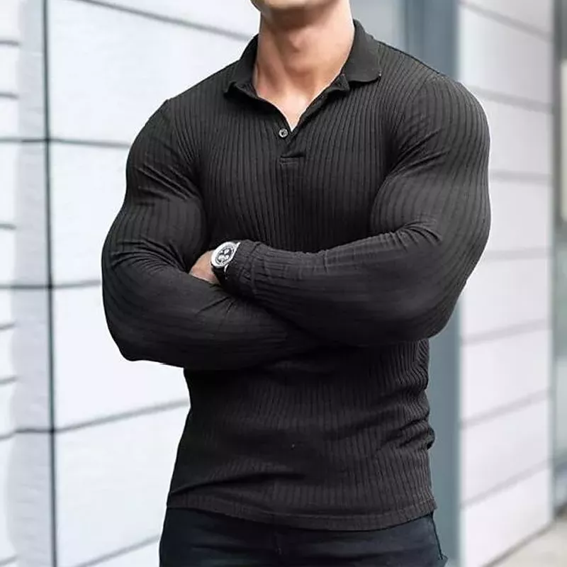 Men's Polo Collar Long Sleeve Stretch T-shirt