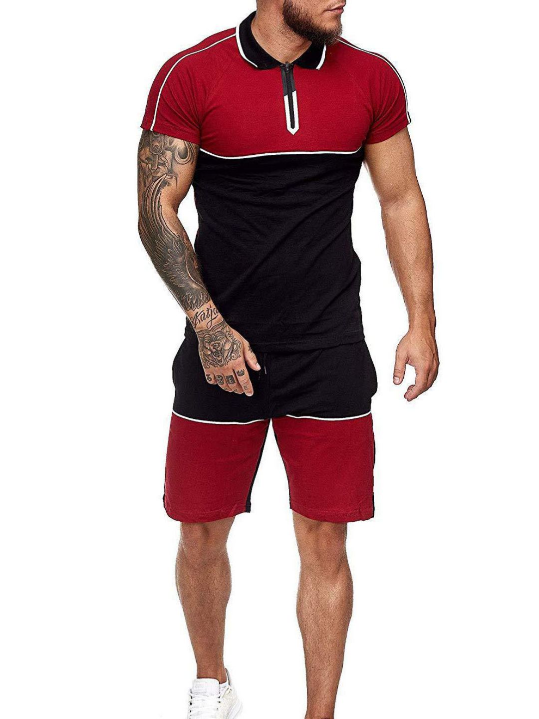 Men's Polo-collar Short-sleeve Match Color Tracksuit