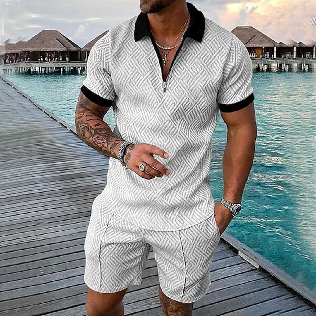 Men's Casual Contrast Polo Zipper Shirt Short-sleeved Suit