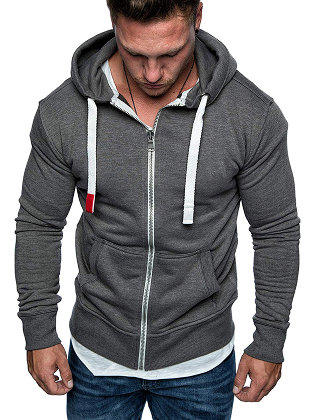 Men's Full Zip Solid Color Zipper Front Pocket Hooded