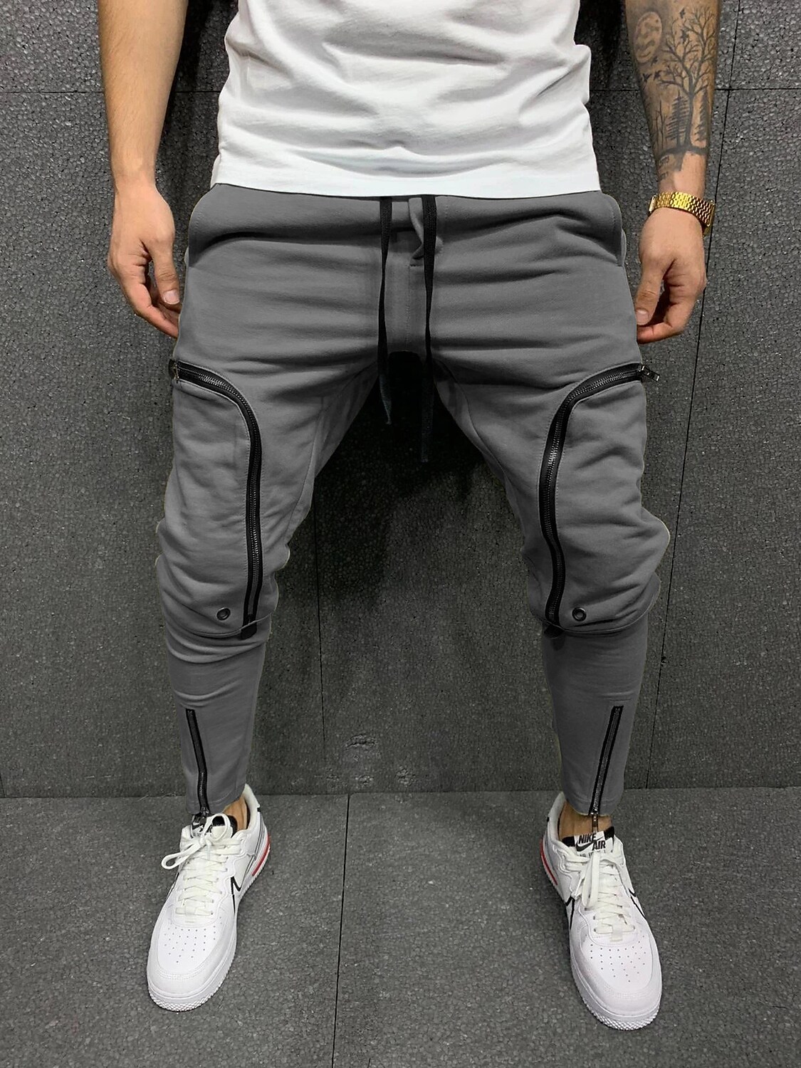 Men's Cargo Pants Trousers Elastic Waist Sporty Multi Pocket Solid Color Sports Full Length Sports Streetwear Athleisure Loose Fit Red Gray Micro-elastic / Drawstring