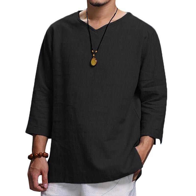 Men's Solid Color V-neck Mixed Cotton Shirt