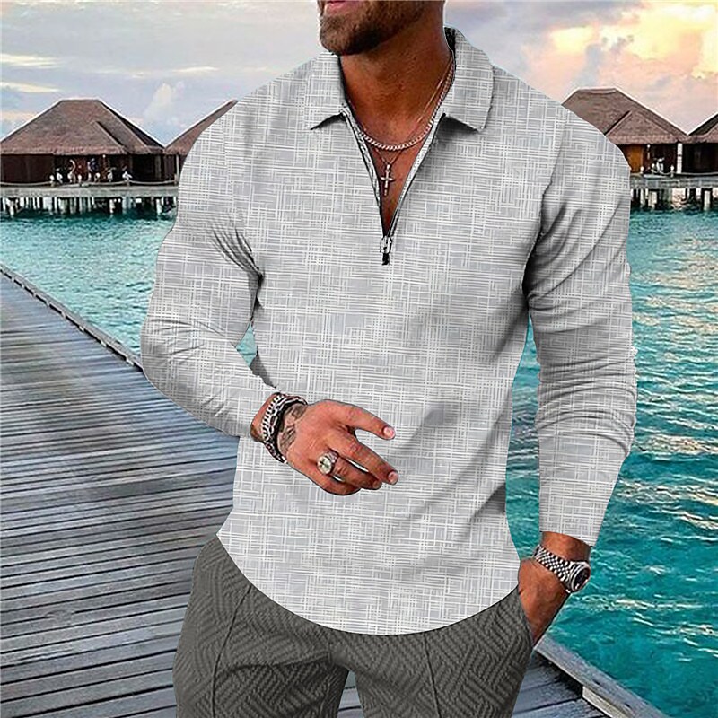 Men's Golf Shirt 3D Print Plaid Turndown Street Casual Zipper Print Long Sleeve Tops Designer Casual Fashion Breathable Green Blue Gray