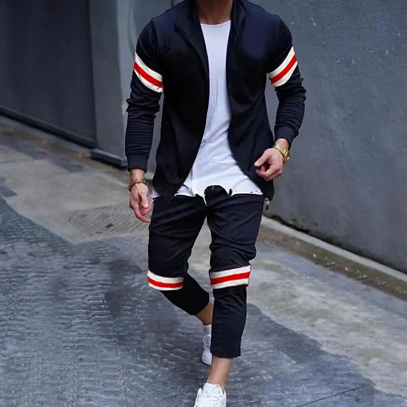 Men's Patchwork Zipper Cardigan Casual Breathable Running Suit