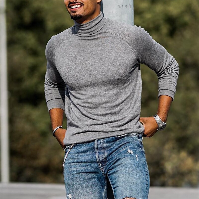 Men's T shirt Tee Solid Colored Turtleneck Blue Pink Dark Gray Gray Street Sports Long Sleeve Clothing Apparel Fashion Designer Casual Comfortable