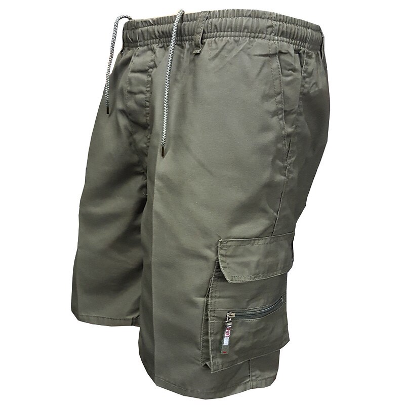 Men's Hiking Multi Pocket Elastic Drawstring Design Plain Breathable Knee Length Cotton Micro-elastic Cargo Shorts