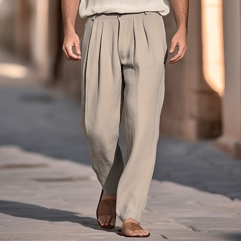 Men's Summer Beach Front Pocket Pleats Straight Leg Plain Breathable Blend Fashion Linen Pants