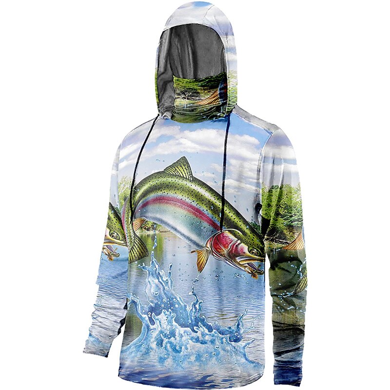 Men's Fishing Hooded Long Sleeve UV Protection Breathable Quick Dry Lightweight Sweat wicking Shirt