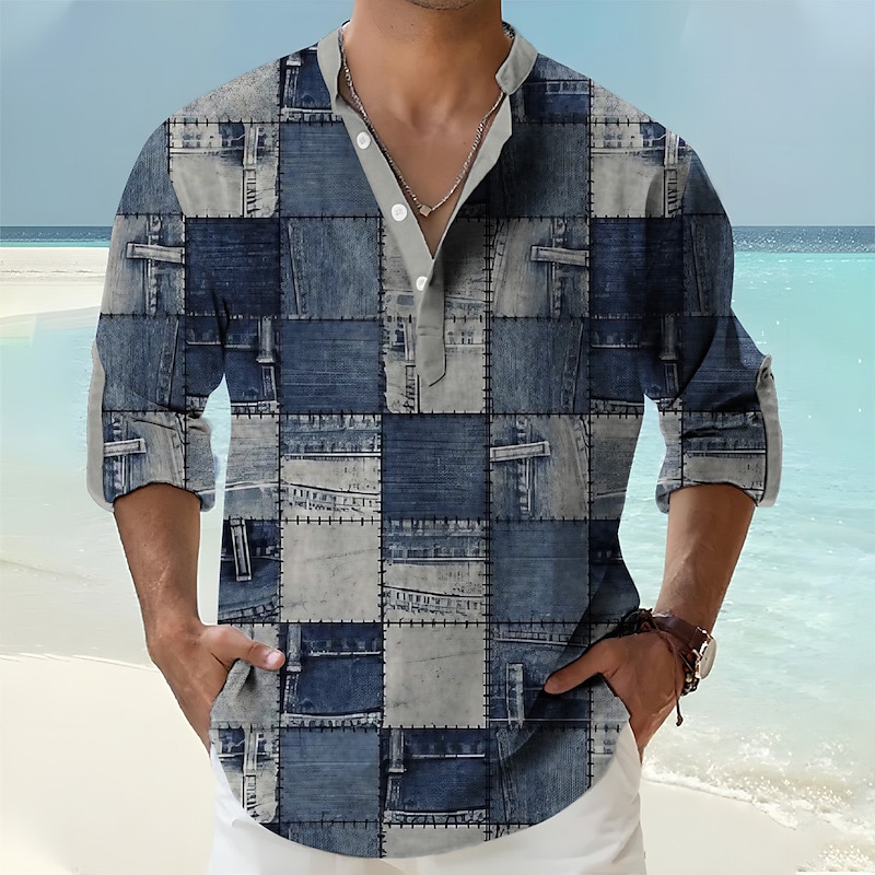 Men's Color Block Graphic Print Stand Collar Long Sleeve Designer Linen Shirt