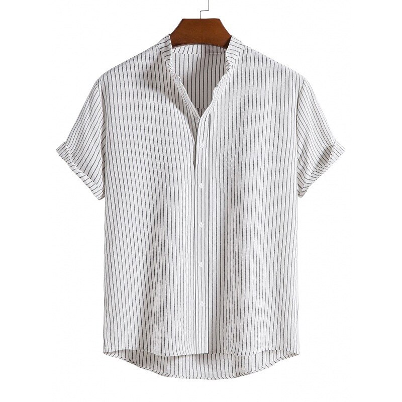 Men's Summer Beach Short Sleeve Striped Stand Collar Button-Down Casual Shirt