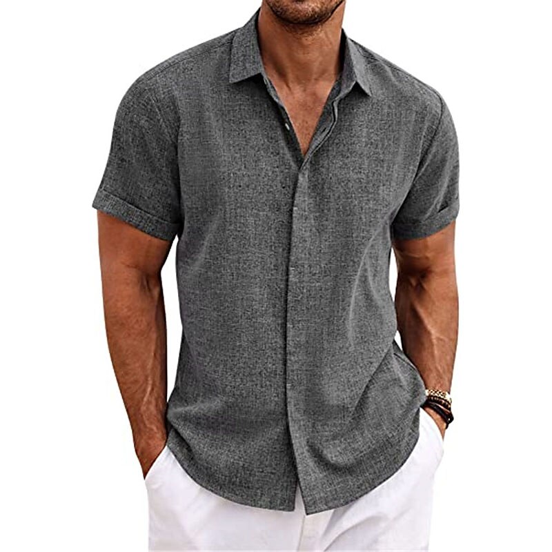 Men's Casual Summer Beach Button Down Short Sleeve Plain Lapel Linen Shirt