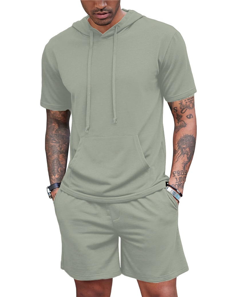 Men's 2 Piece Hooded Athletic Sweatsuit Short Sleeve Casual Tracksuit