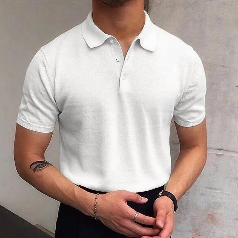 Men's Casual Holiday Lapel Button Short Sleeve Plain Button Knit Polo