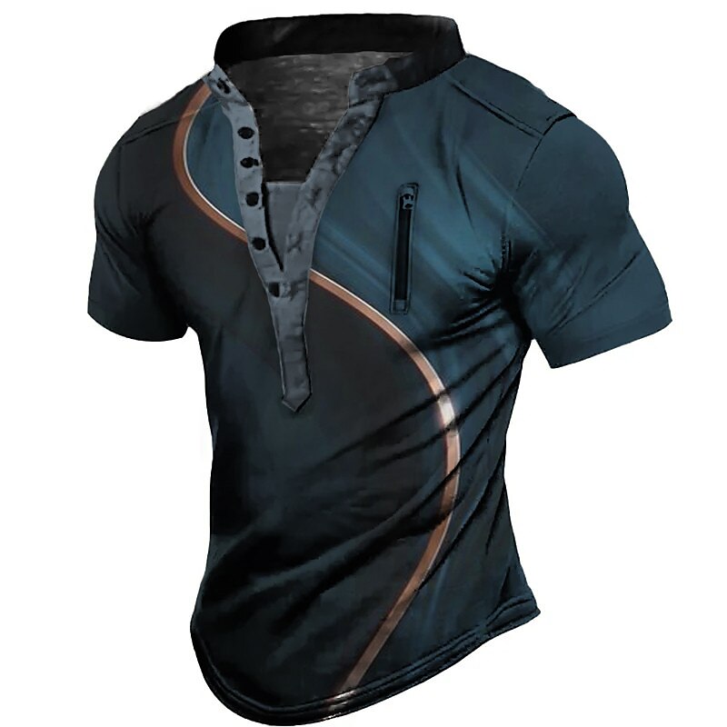 Men's Henley Graphic Color Block Stand Collar Short Sleeve Front Zip T-shirt