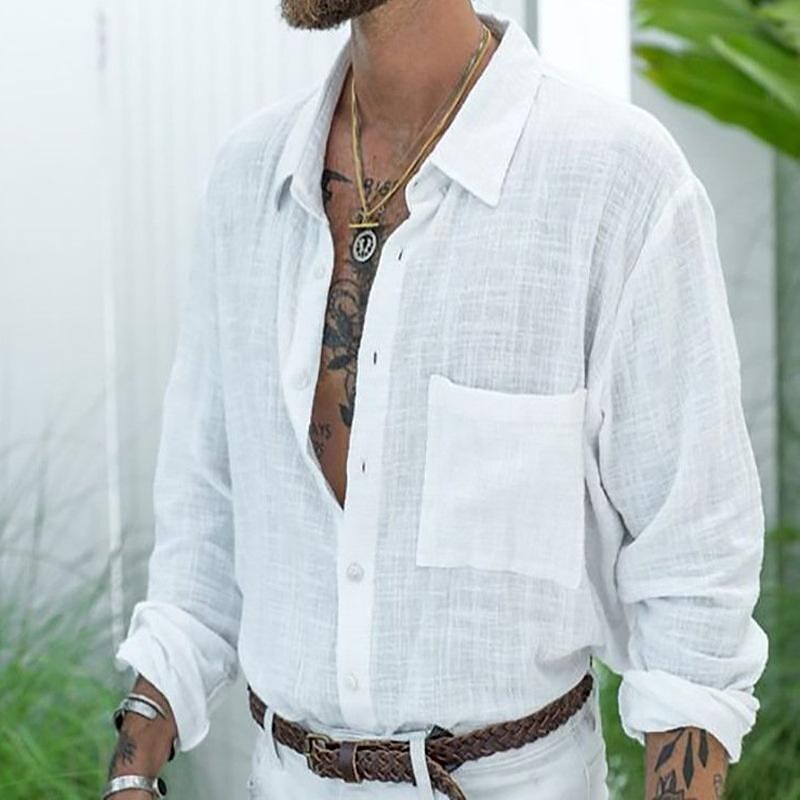 Men's Solid Color Faux Linen Comfortable Long-sleeved Shirt