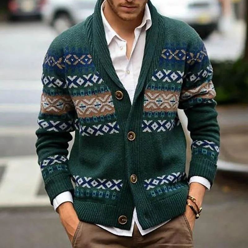 Rogoman Men's Scarf Collar Christmas Jacquard Pullover Sweater And Cardigan