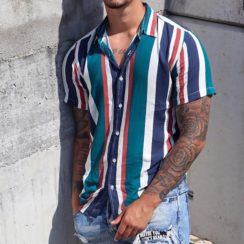 Men's Striped Print Button-Down Short Sleeve Shirt