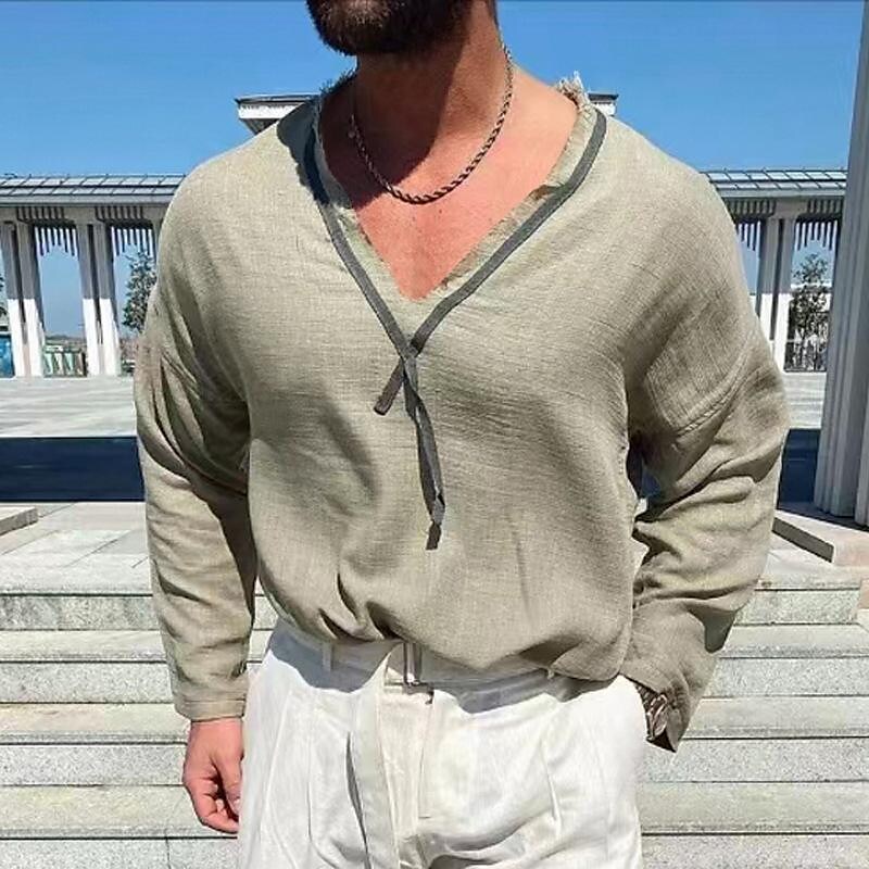 2022 summer new european and american men's v-neck long-sleeved t-shirt men's cotton linen casual loose solid color men's t-shirt wholesale