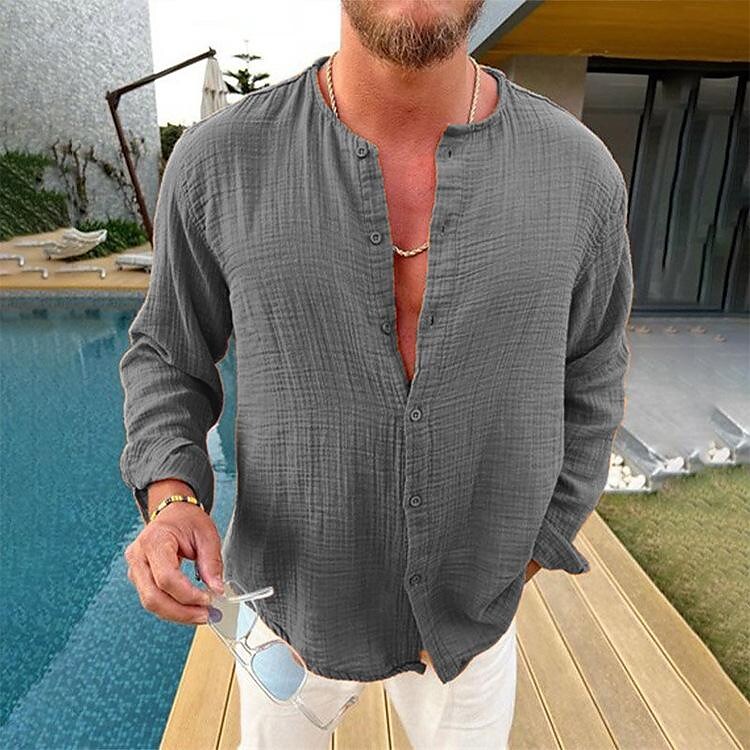 Men's Cotton and Linen Solid Color Double Texture Fabric Long Sleeve Shirt