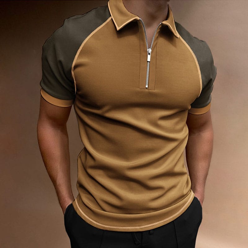 Men's Color Block Casual Zipper Short Sleeve Polo T-shirt