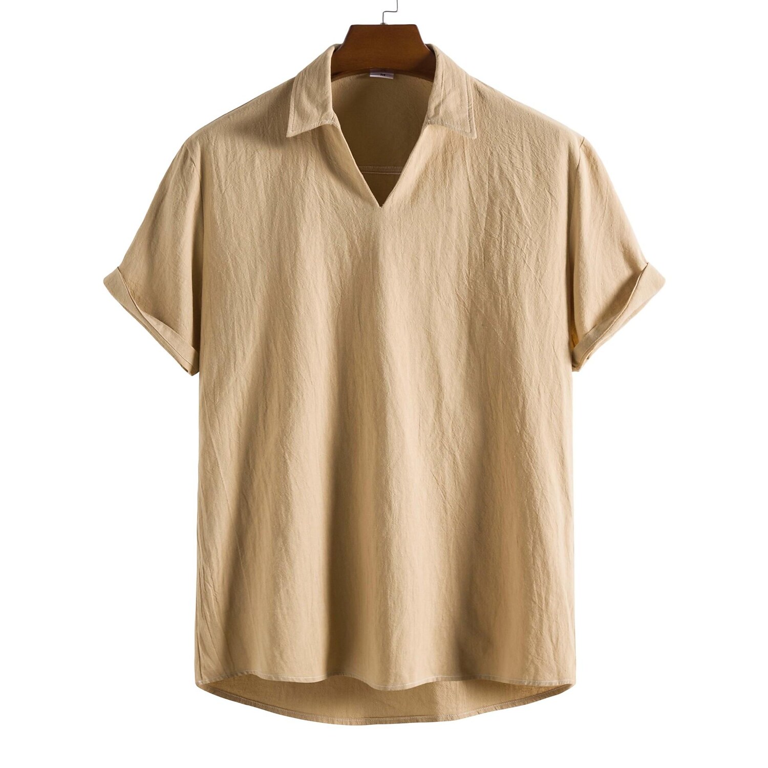 Men's Solid Color Cotton Linen Notch Neck Short Sleeve Shirt