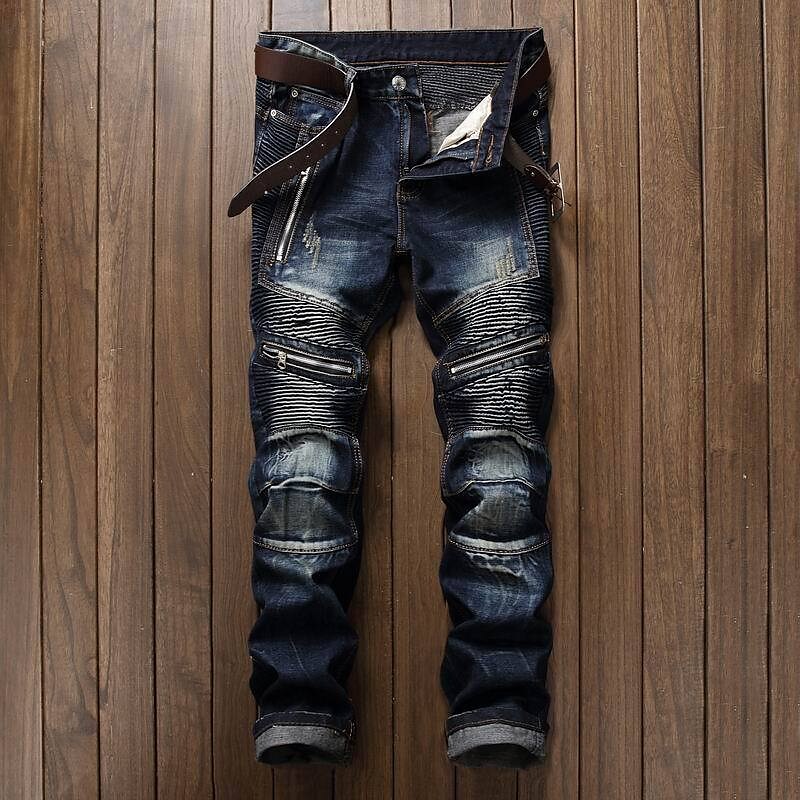 Poisonstreetwear Men's Vintage Distressed Zip Pleated Straight Jeans(Belt Not Included)-poisonstreetwear.com