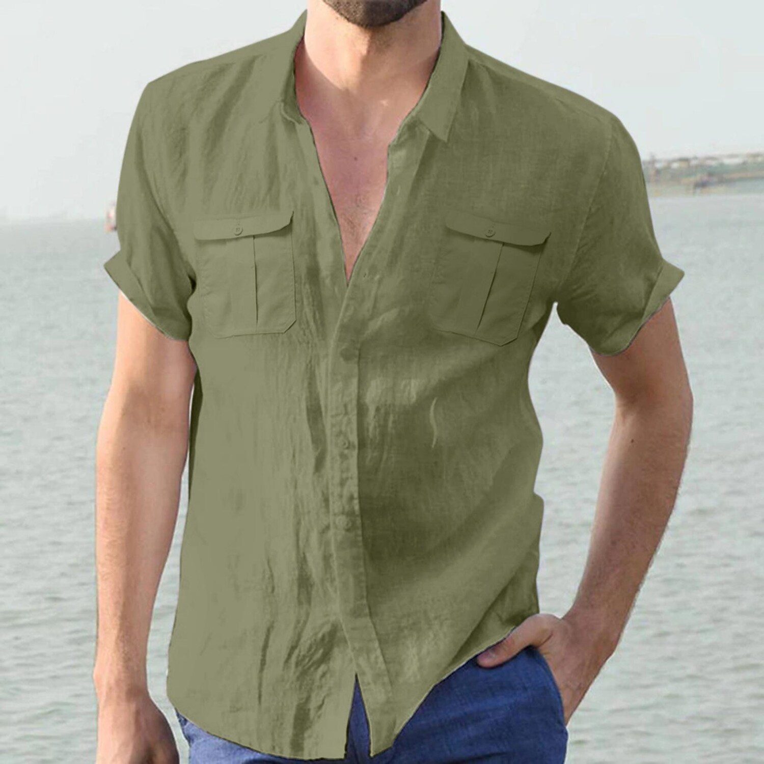 Men's Solid Color Linen Double Pocket Short Sleeve Shirt