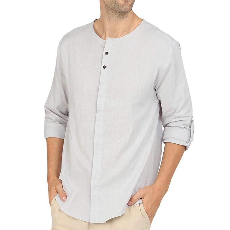 Men's Cotton Linen Solid Color Long Sleeve Shirt