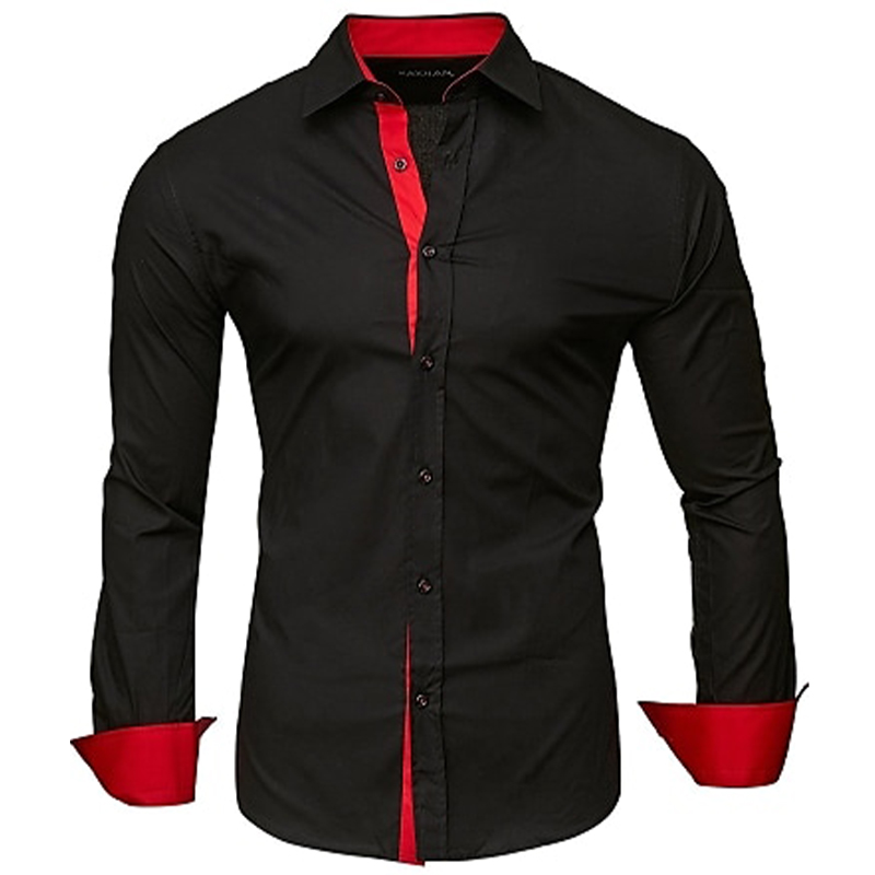Rogoman Men's Solid Color Classic Collar Patchwork Long Sleeve Shirt Basic Business