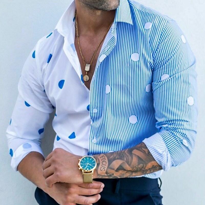 Men's Color Block Polka Dot Print Long Sleeve Shirt