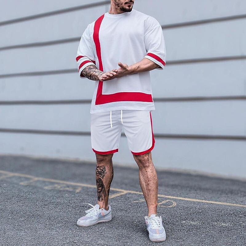 2022 summer new cross-border men's clothing foreign trade men's color matching round neck short-sleeved shorts sports casual suit men
