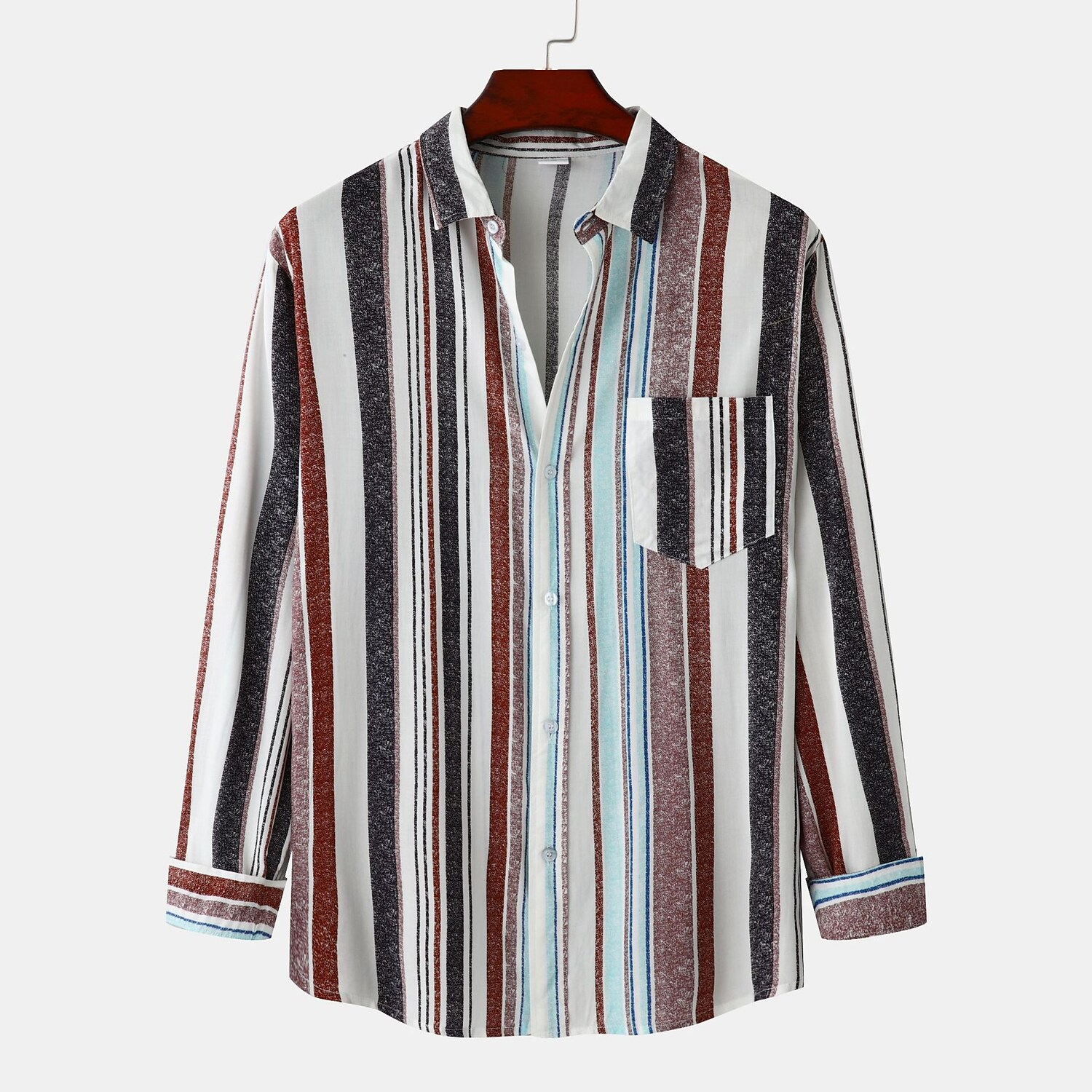 Rogoman Men's Colourful Striped Print Contrasting Colors Long Sleeve Shirts Casual Retro