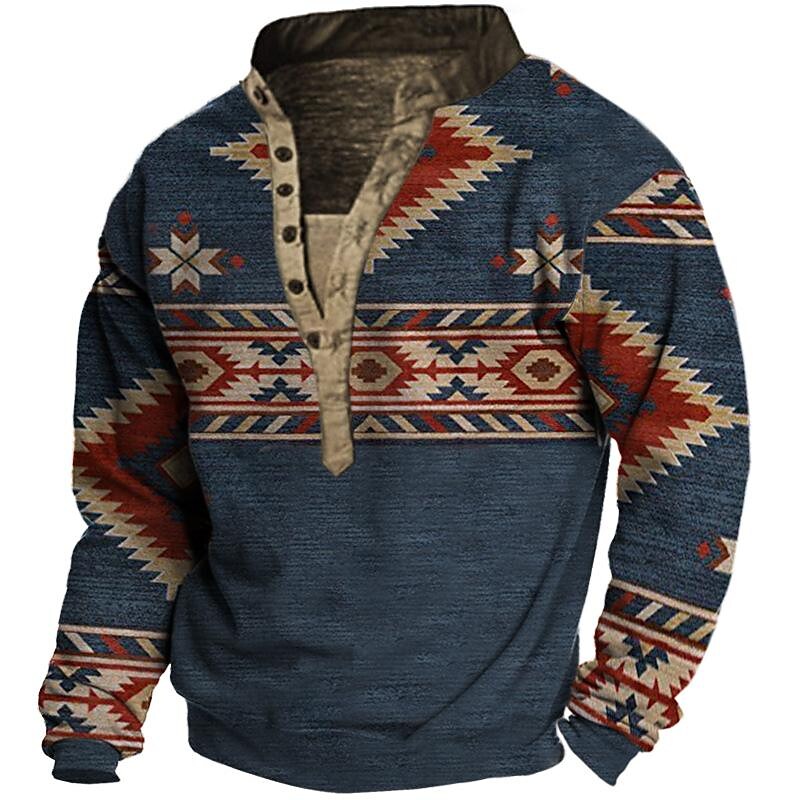 Rogoman Men's Vintage Outdoor Henry Western Geometric Pattern Sweatshirt 