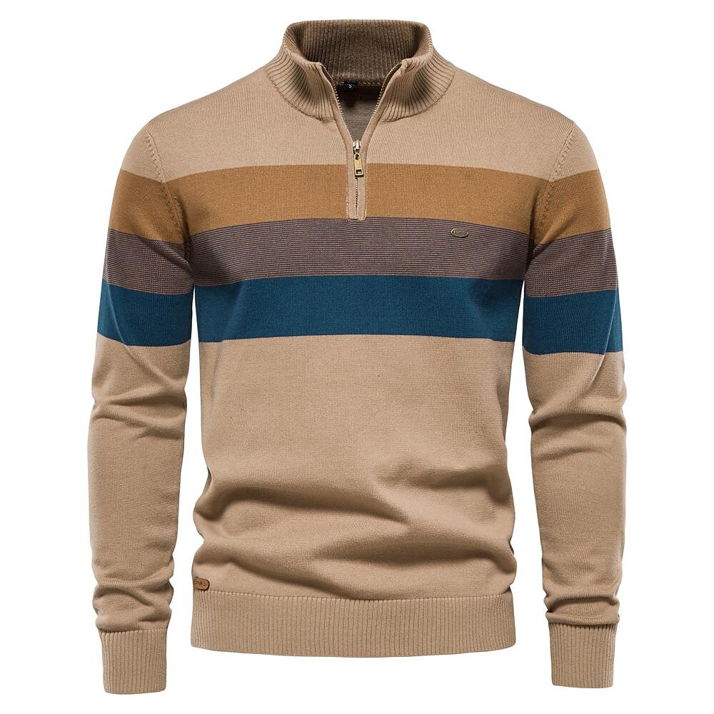 Rogoman Men's Contrast Striped Half-Zip Stand Collar Sweater