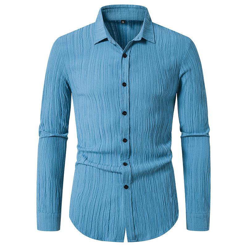 Rogoman Men's Solid Color Wavy Textured Cotton Linen Lapel Shirt