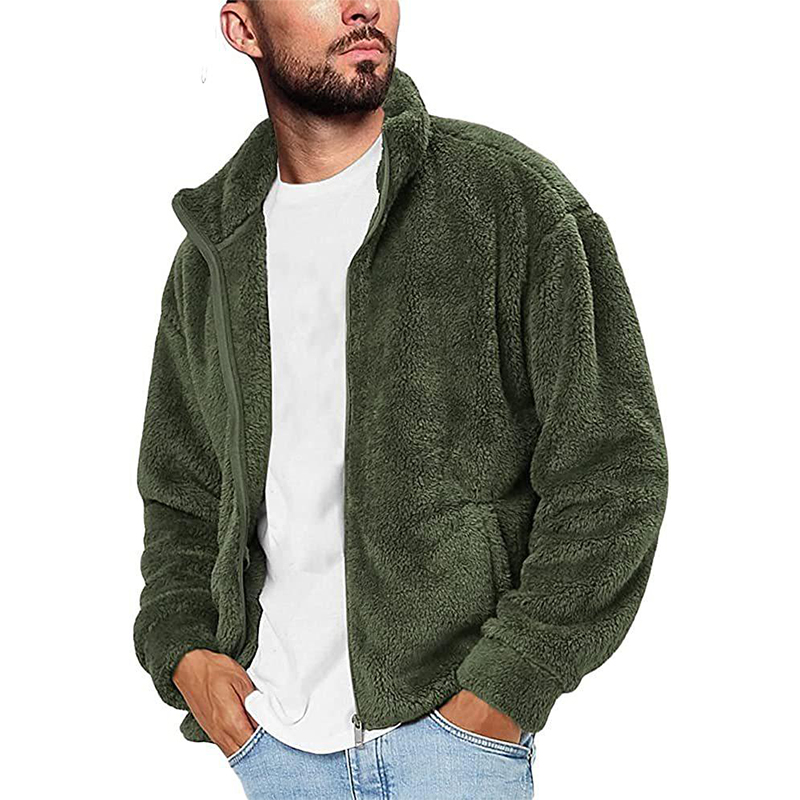 Rogoman Men's Stand Collar Solid Color Fleece Zip-Up Sweatshirt