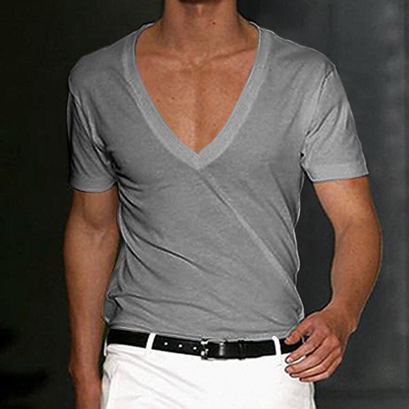 Men's Solid Color Deep V-Neck Short Sleeve T-Shirt