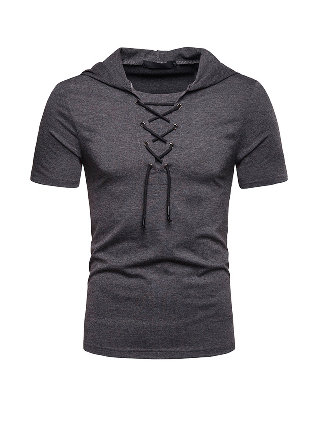 summer foreign trade new style men's hooded tie woven collar t-shirt european code loose solid color short-sleeved t-shirt