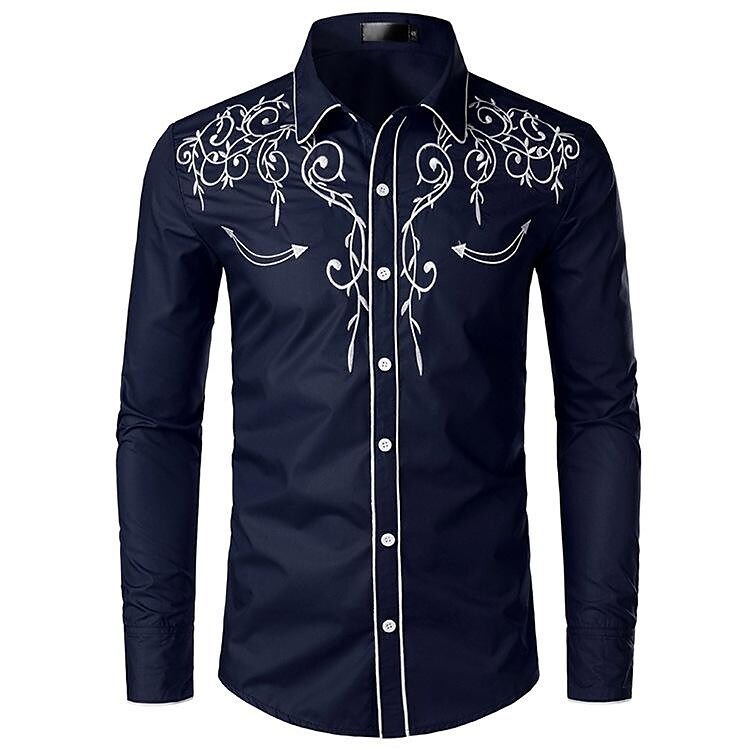 Rogoman Men's Embroidered Western Cowboy Long Sleeve Shirts Slim Fit C