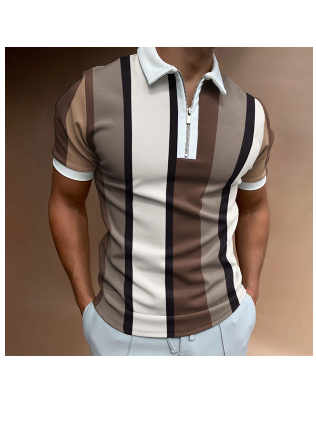 Duke 3D Print Color Block Striped Casual Zipper Short Sleeve Polo T-shirt