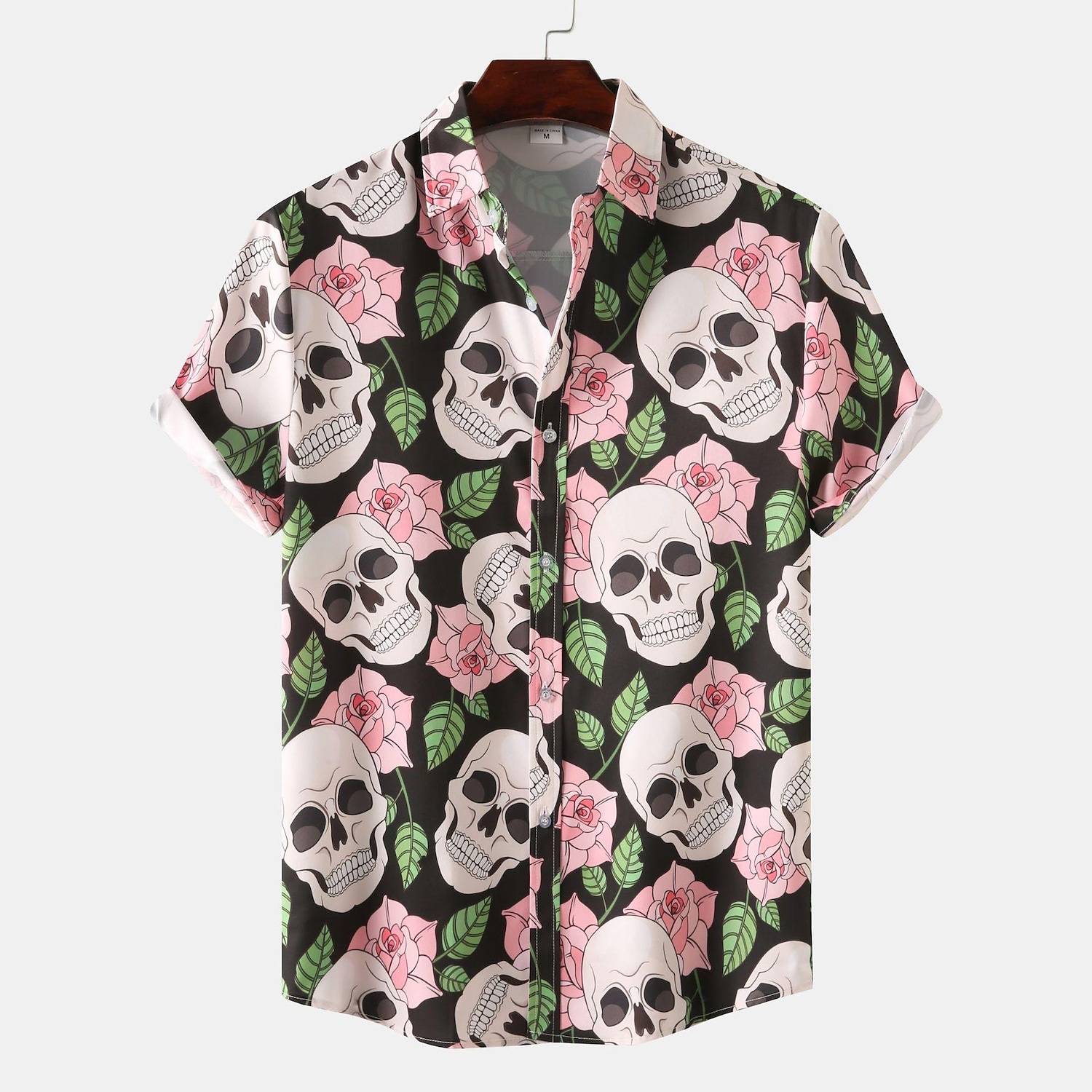 Mens Skull Rose Print Button Up Street Short Sleeve Shirts