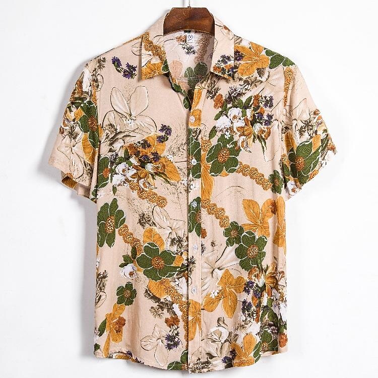 Men's Yellow Floral Print Elegant Hem Cuff Short Sleeve Shirts