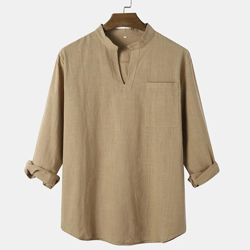 Men's Solid Color Stand Collar Cotton Long-sleeved Shirt