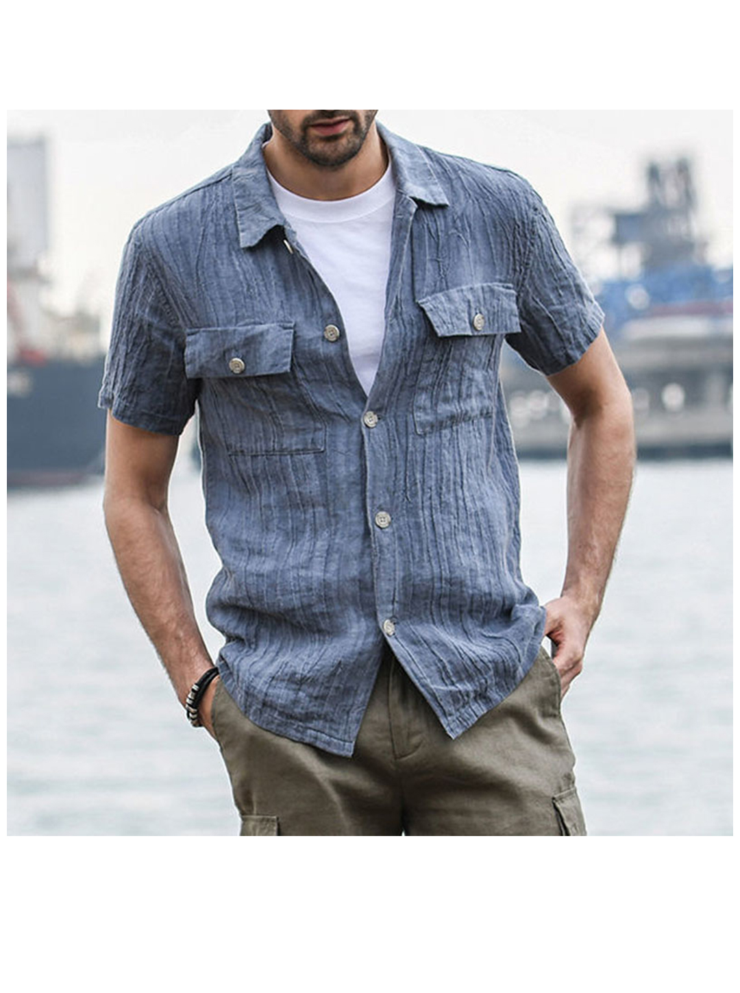 Ronald Solid Color Button-Down Casual Short Sleeve Shirt