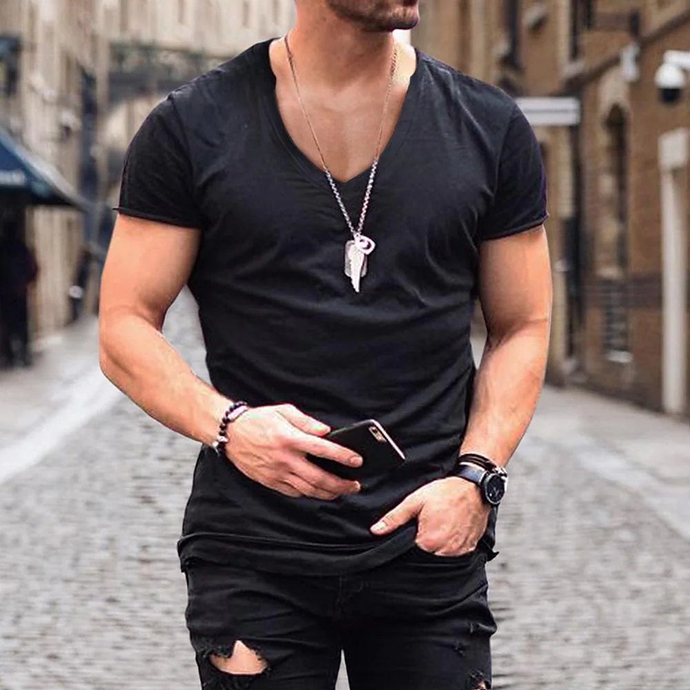2022 summer foreign trade european size men's t-shirt solid color v-neck fitness sports sweat-absorbing bottoming shirt spot on behalf of