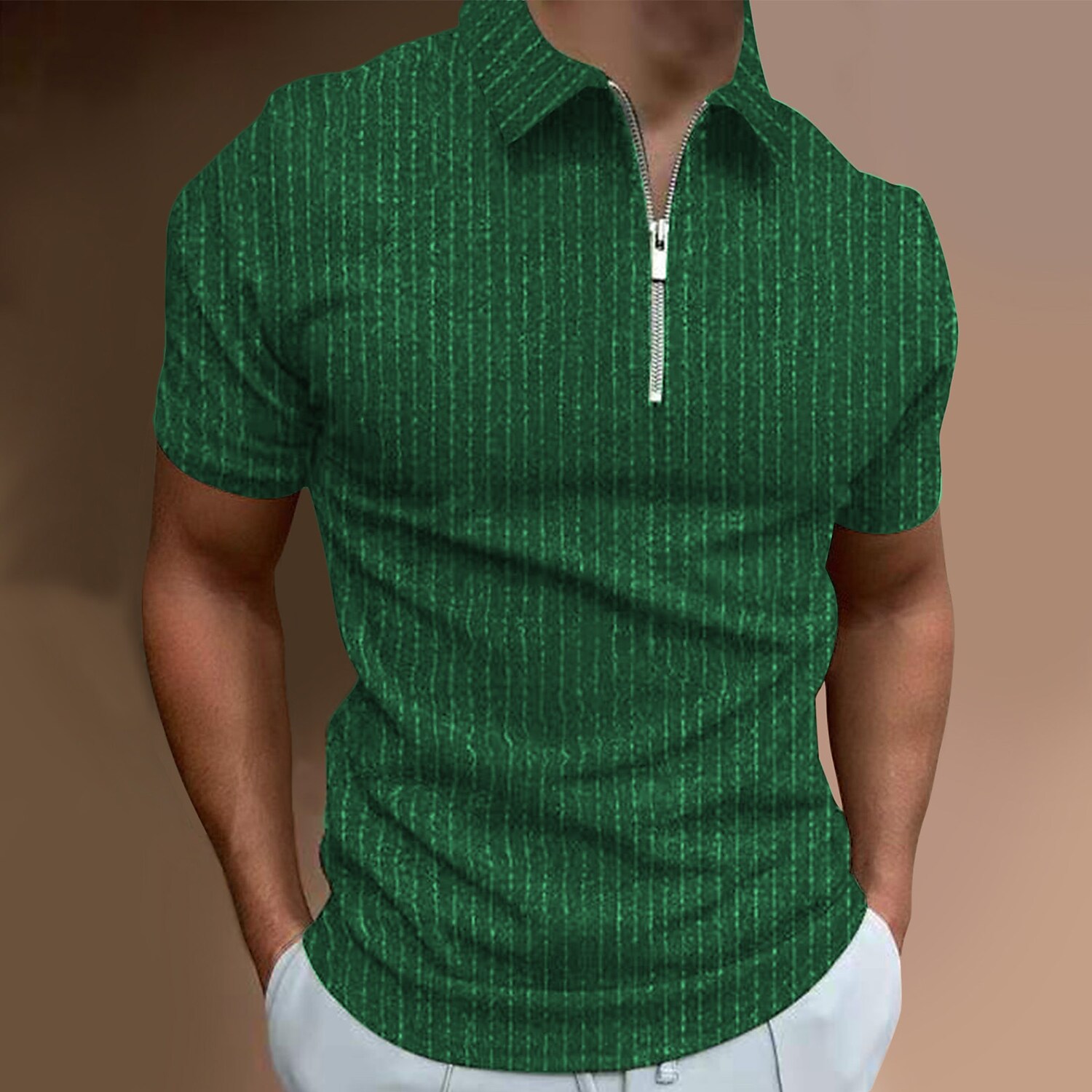 Men's Print Striped Casual Zipper Short Sleeve Polo T-shirt