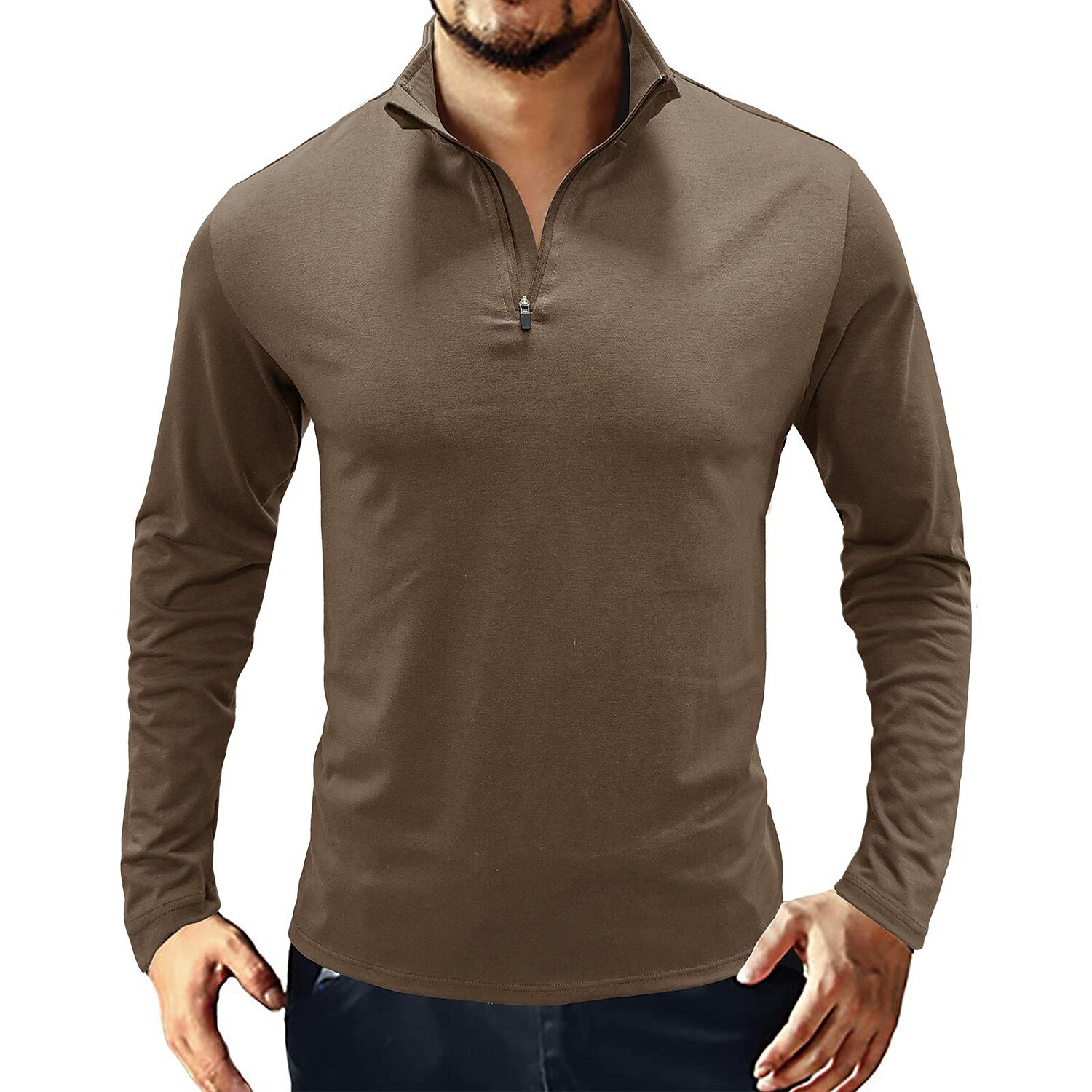 Men's Stand Collar Zip Solid Color Long Sleeve T-Shirt