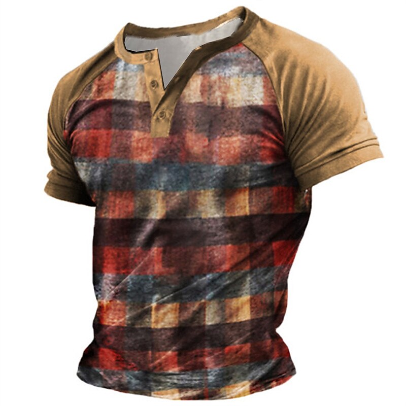 Men's 3D Print Graphic Color Block Tartan Henley Shirt T shirt